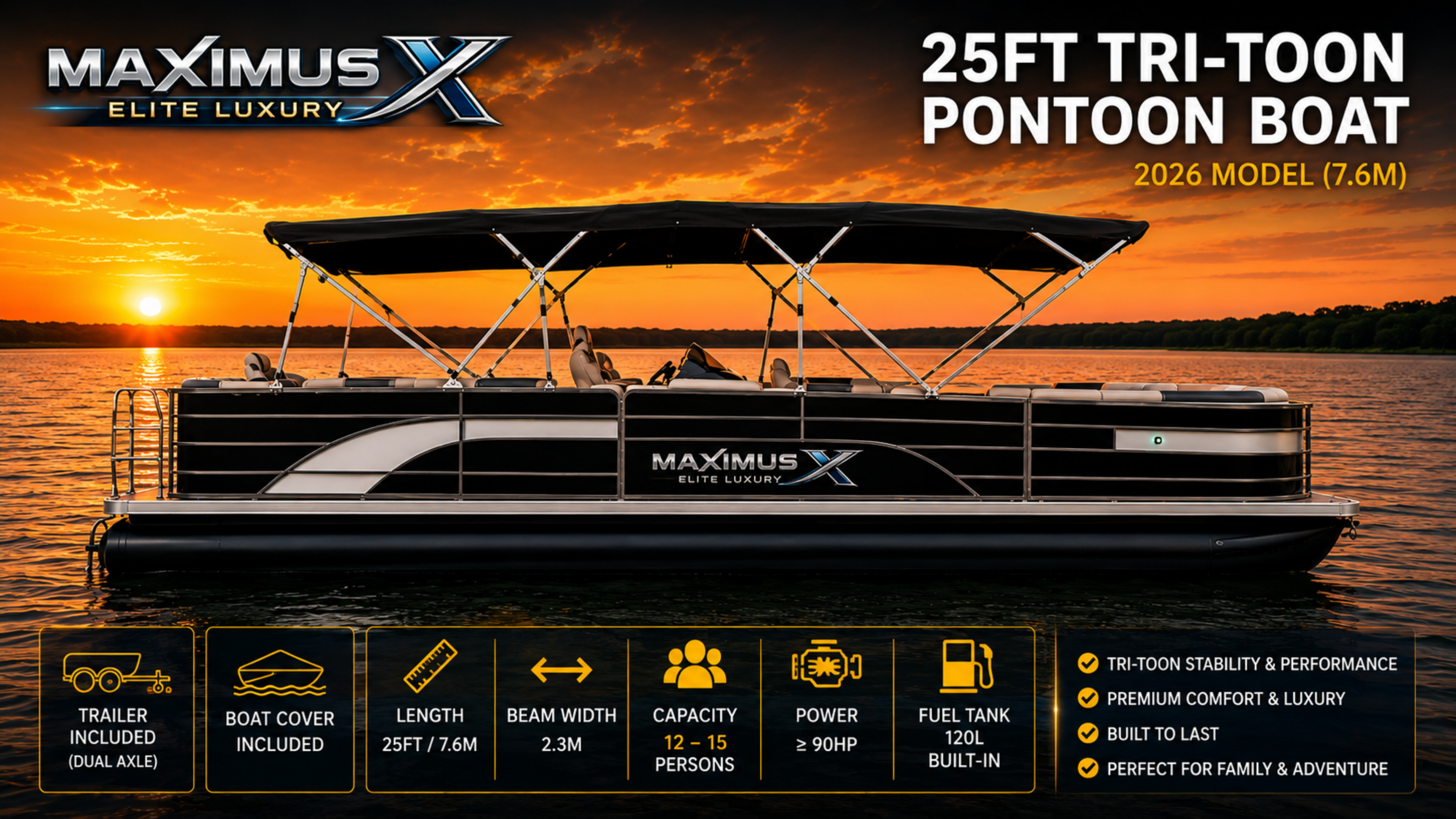 Maximus X luxury tri-toon pontoon boat at sunset